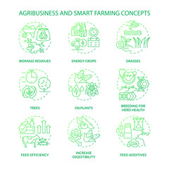 Agribusiness and smart farming green gradient concept icons set. Biomass residues. Energy crops idea thin line color illustrations. Isolated outline drawings. Roboto-Medium, Myriad Pro-Bold fonts used