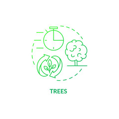 Trees green gradient concept icon. Renewable natural resource abstract idea thin line illustration. Biomass energy source on farm. Isolated outline drawing. Roboto-Medium, Myriad Pro-Bold fonts used