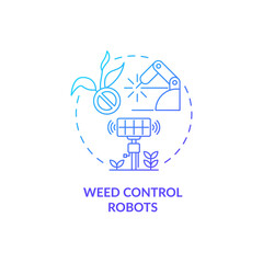 Weed control robots blue gradient concept icon. Field activity automation abstract idea thin line illustration. Farming industry. Isolated outline drawing. Roboto-Medium, Myriad Pro-Bold fonts used