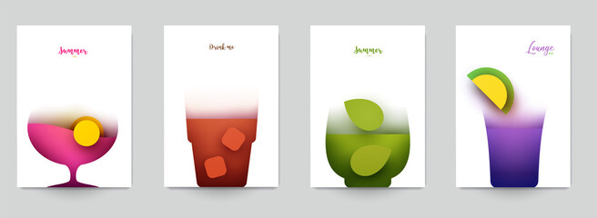 Set of abstract silhouette cocktails with alcohol or juice in minimalistic geometric flat style. Creative colorful composition. Concept for branding menu, cover, flyer, banner. Vector illustration.