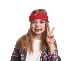 Cute little girl wearing stylish bandana on white background