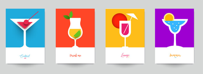 Set of abstract silhouette cocktails with alcohol or juice in minimalistic geometric flat style. Creative colorful composition. Concept for branding menu, cover, flyer, banner. Vector illustration.