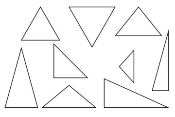 Set of triangles, different triangles, black outline on the white background, vector illustration.