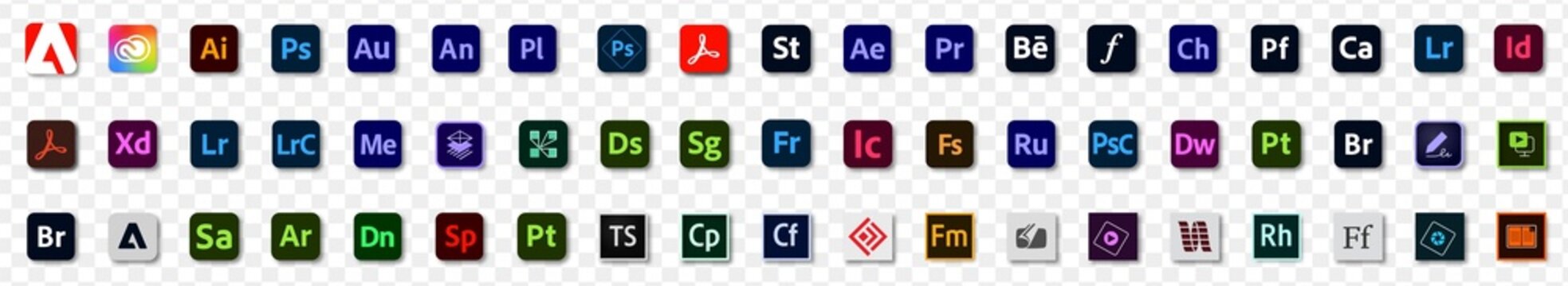 Adobe Products Icons.  Illustrator, Photoshop, Lightroom, InDesign,  Premiere Pro, After Effects, Acrobat DC. Adobe Programs Logo Vector Icon.