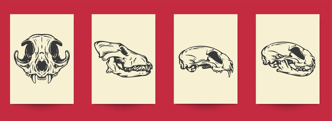 Set of hand drawn art composition with animal skulls in monochrome vintage style isolated on white background. Collection templates for poster, tattoo. Modern design elements. Vector illustration.