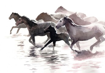 Fototapeta premium Delicate watercolor in a narrow range of colors: a herd of horses galloping through water. Horses painted with water and sun. 