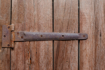 The Old wooden door with a rusty metal detail, old tree background
