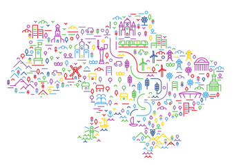 Silhouette color ukraine map from linear elements isolated on white background. Creative design composition. Vector illustration.