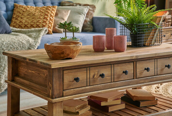 Decorative wooden middle table and sofa background style, ornament object decorative.