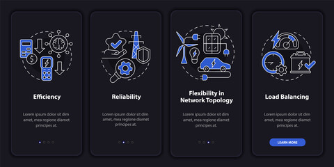 Fototapeta premium Smart grid features night mode onboarding mobile app screen. Integration walkthrough 4 steps graphic instructions pages with linear concepts. UI, UX, GUI template. Myriad Pro-Bold, Regular fonts used