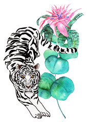 Postcard jumping Tiger in flowers exotic. Tigris watercolor ready holiday postcard. Wildlife Exotic