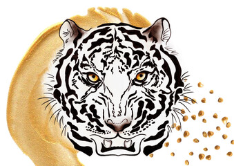Postcard Tiger in Gold. Tigris head watercolor ready holiday postcard. Wildlife Exotic - 479779589
