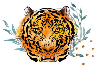 Postcard Tiger. Tigris watercolor ready holiday postcard. Wildlife Exotic - 479779590