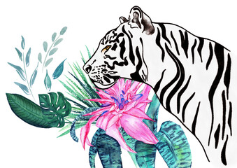 Postcard Tiger. Tigris watercolor ready holiday postcard. Wildlife Exotic