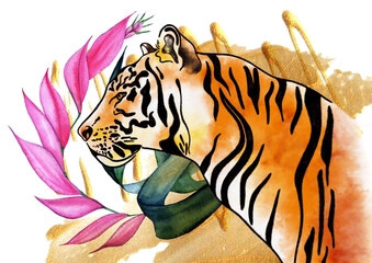 Postcard Tiger. Tigris watercolor ready holiday postcard. Wildlife Exotic - 479779592
