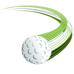 Golf ball in the air leaving a graphic trail behind on a clean background