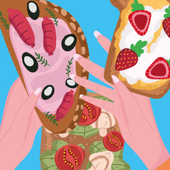 hands with tasty breakfast menu