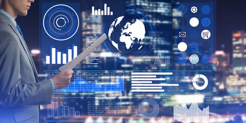 Digital background with infographs and man extending papers or contract