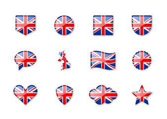 United Kingdom - set of shiny flags of different shapes.