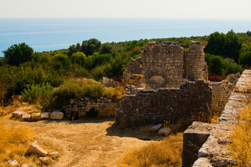 Fototapeta na wymiar Landscape view ruins of ancient stone wall. Ruins of roman villa in Akkale (literally 