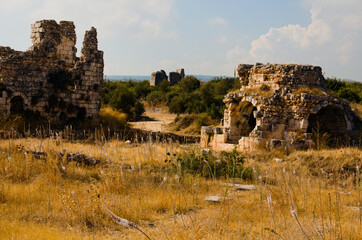 View ruins of ancient stone wall. Ruins of roman villa in Akkale (literally 