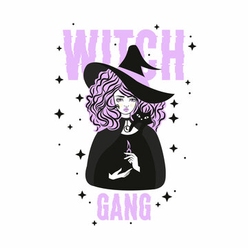 Cute witch and cat wearing hat. Vector illustration. Witch gang slogan with stars.