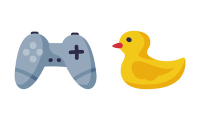Gamepad and Yellow Duckling as Colorful Kids Toy Vector Set