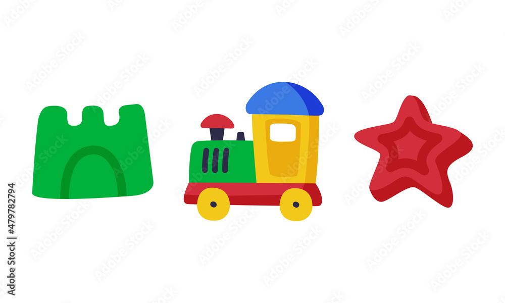 Sticker train and sand colorful kids toy vector set