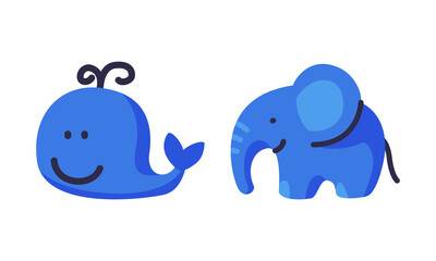 Blue Elephant and Whale as Colorful Kids Toy Vector Set