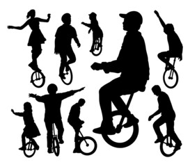 male people playing one wheel bicycle silhouette
