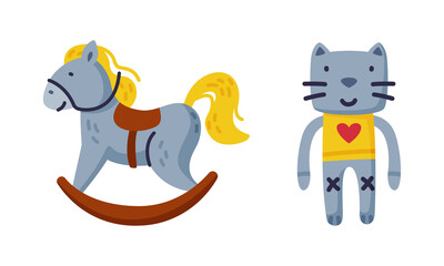 Cat and Rocking Horse as Colorful Kids Toy Vector Set