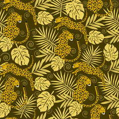 Vector seamless pattern with tropical leaves with tiger