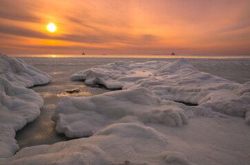 Sunset over the winter sea, ice, winter, frost, north, northern sunset, north sea, cold