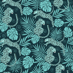 Fototapeta na wymiar seamless pattern with doodle tropical leaves and doodle tiger 