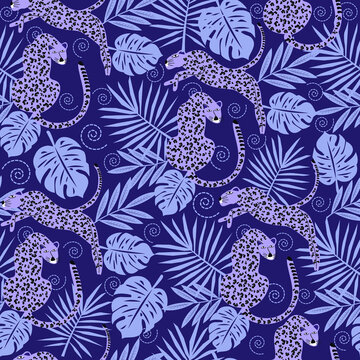 illustration Tropical leaves seamless pattern with jungle animal
