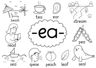 Ea digraph spelling rule black and white educational poster for kids with words. Learning phonics for school and preschool. Phonetic worksheet. Vector illustration - obrazy, fototapety, plakaty