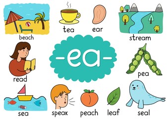 Ea digraph spelling rule educational poster for kids with words. Learning phonics for school and preschool. Phonetic worksheet. Vector illustration - obrazy, fototapety, plakaty