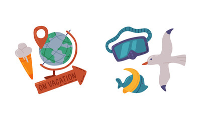 Globe with Point of Destination and Goggles as Travel and Tourist Item Vector Composition Set