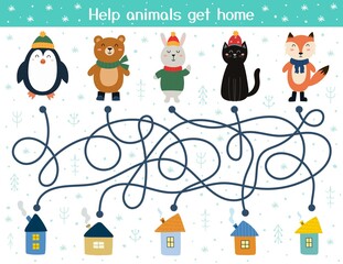 Help the cute animals find their homes. Winter maze game for kids. Preschool activity page. Find the way to the houses puzzle. Vector illustration - 479783565
