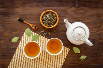 Asian food and drink background white teapot and black tea in two cups