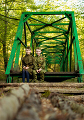 Children in military uniform of the USSR, Military children, Child soldiers,  Children in nature, A girl and a boy in military uniform