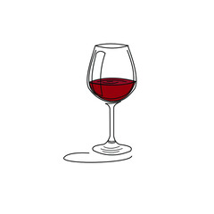 Wineglass red wine with shadow. Drink element. Retro glassware hand draw, design for any purposes. Restaurant illustration. Contour simple sketch. Isolated on white background in engraving style.