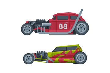 American Hot Rod Car with Large Engine and Tubes for Speed and Acceleration Vector Set