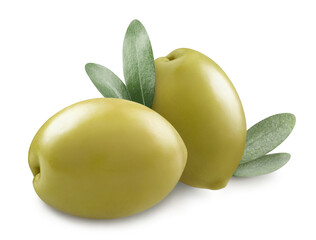 Two delicious olives, isolated on white background