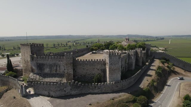 Perfectly intact parapets of ancient Montemor-o-Velho castle; aerial