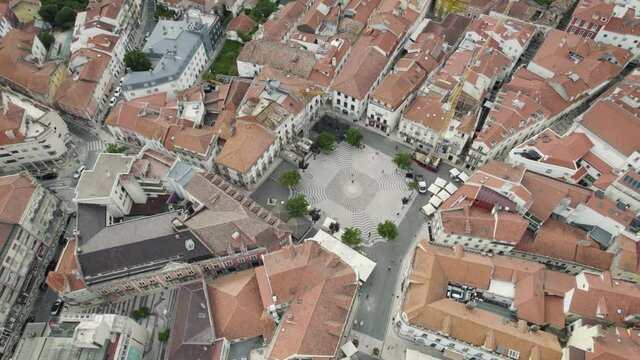 Touristic Praca Francisco Rodrigues Lobo square in Leiria; drone view