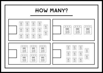 How many christmas calendar, game for children. Vector illustration, printable worksheet