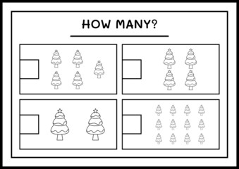 How many christmas tree, game for children. Vector illustration, printable worksheet