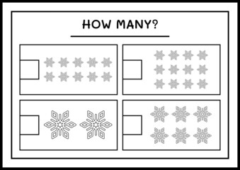 How many snowflake, game for children. Vector illustration, printable worksheet