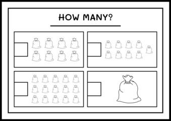 How many santa claus red bag, game for children. Vector illustration, printable worksheet